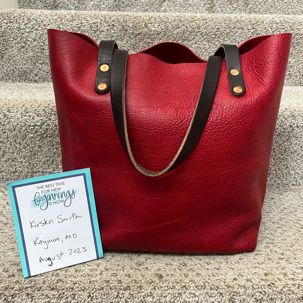 KMM & Co Red Christmas bison leather tote with matching handmade tassel